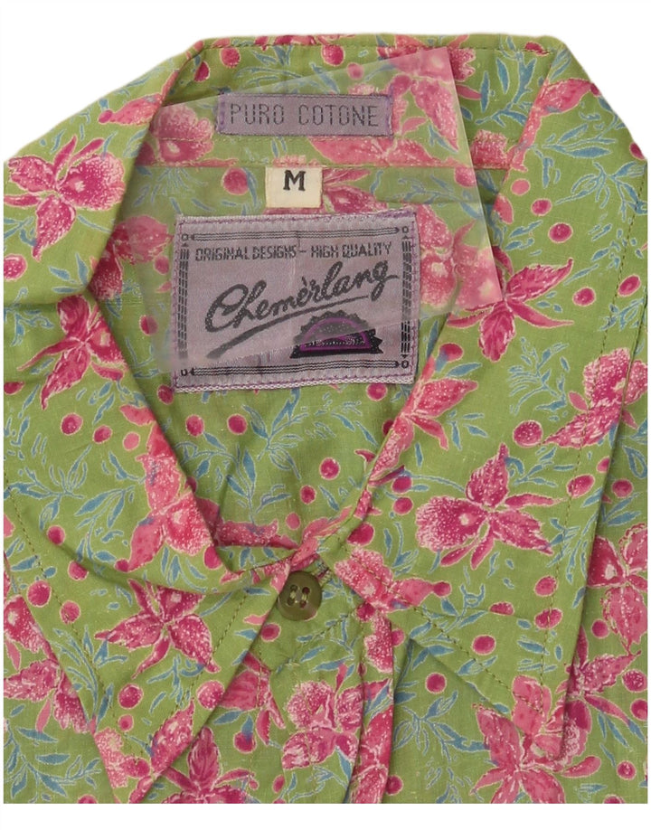 Cămașă vintage cu mânecă scurtă pentru bărbați, bumbac floral verde mediu