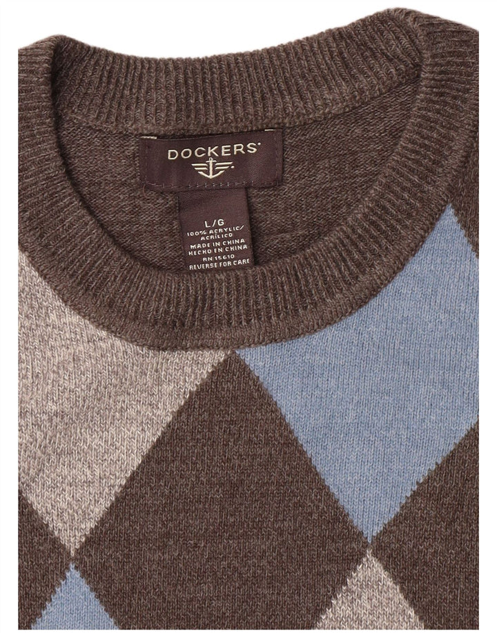Pulover Dockers pentru bărbați cu gât roșu, mare, gri Argyle/Diamond Acrilic