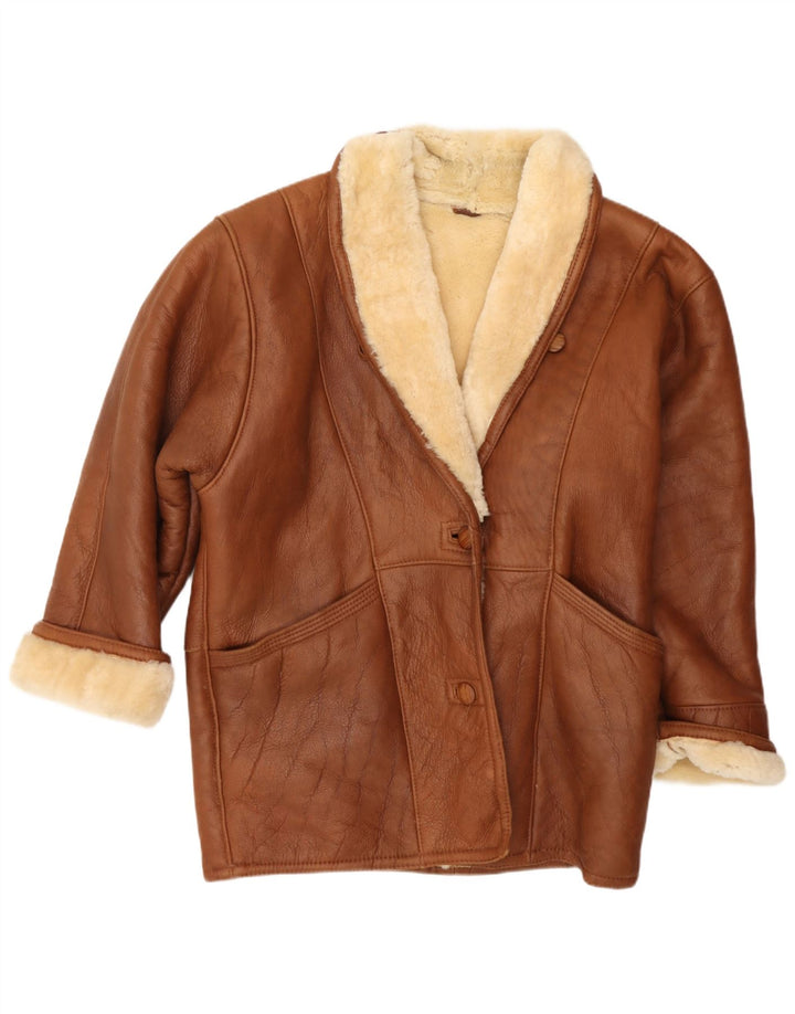 Jachetă vintage oversized din shearling pentru femei US 8 Medium Brown Leather