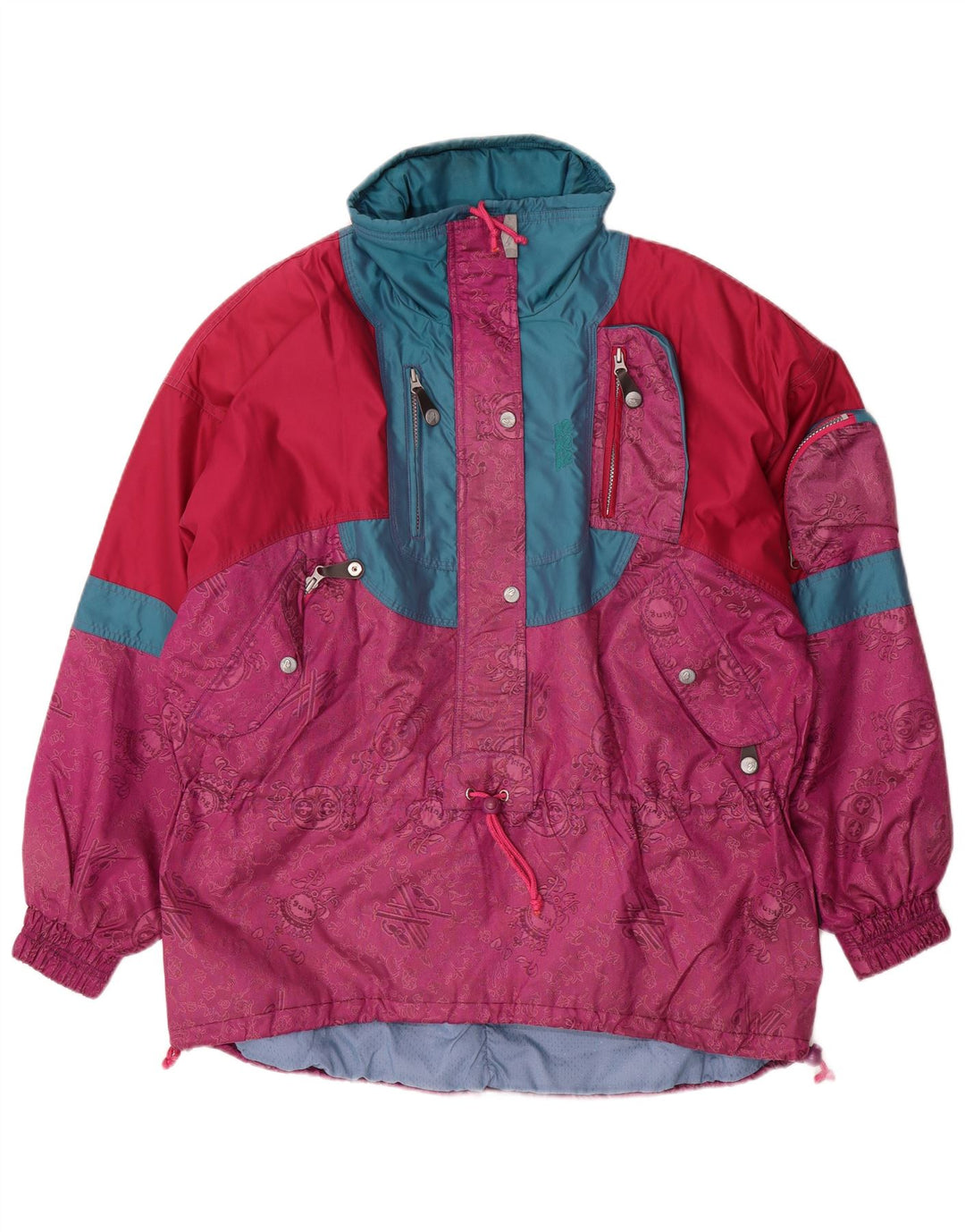 Jachetă de schi supradimensionată cu pulover vintage pentru femei UK 16, mare, roz Colorblock
