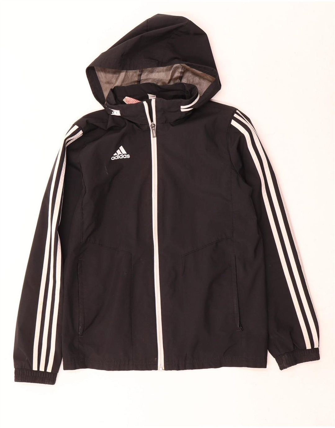 Jachetă de ploaie cu glugă Adidas pentru băieți 11-12 ani, poliester negru