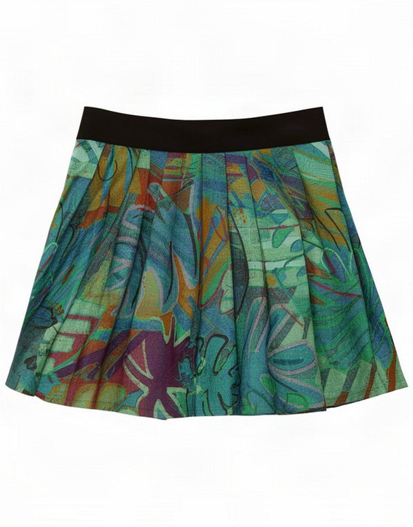 Vintage Womens Pleated Mini Skirt Small W26 Green Floral Polyester