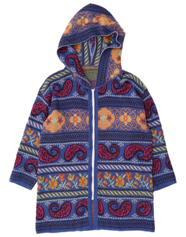 Pulover cardigan cu glugă cu paragate vintage pentru femei UK 16 Large Blue Paisley