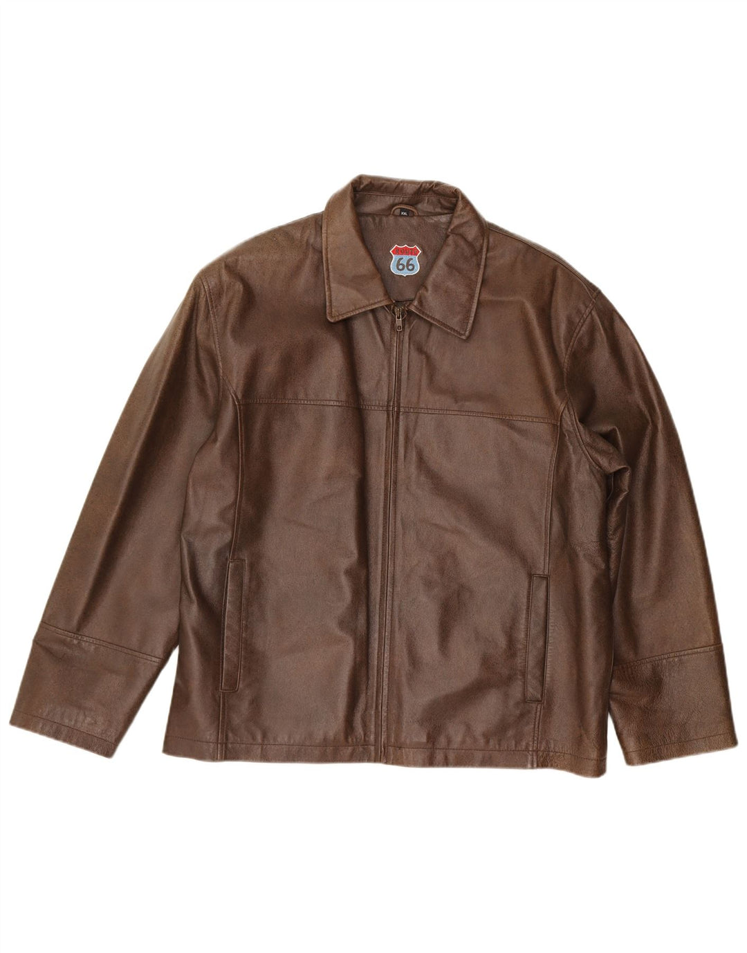 ROUTE 66 Mens Leather Jacket UK 44 2XL Brown Polyester