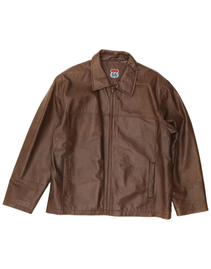 ROUTE 66 Mens Leather Jacket UK 44 2XL Brown Polyester