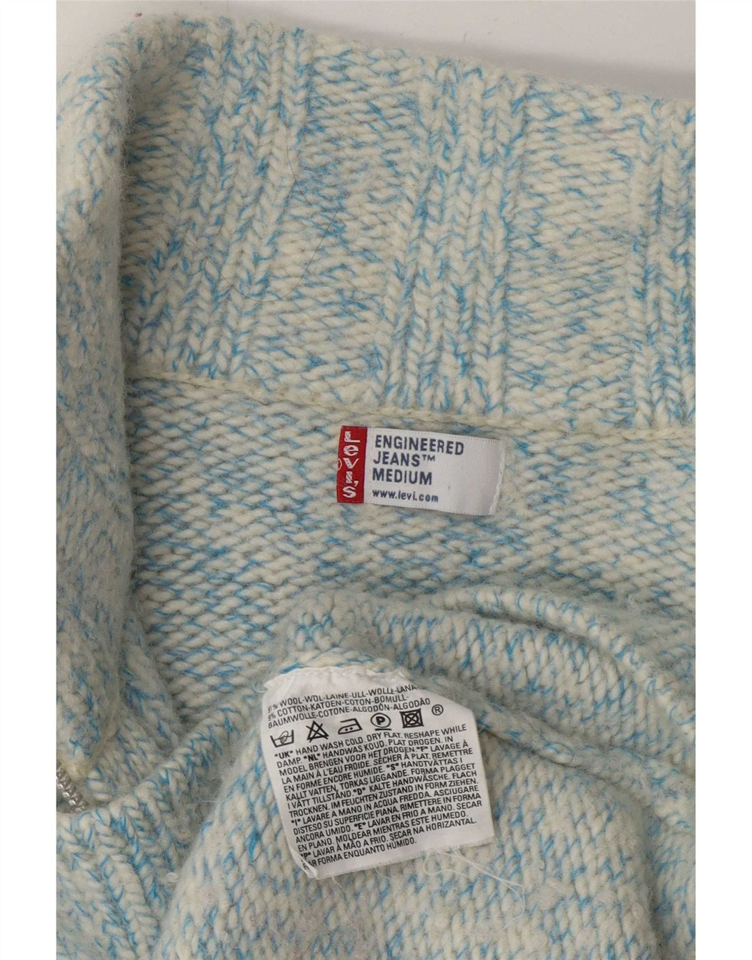 Pulover cardigan proiectat pentru femei Levi's UK 14 Lână cu pete albastre medii