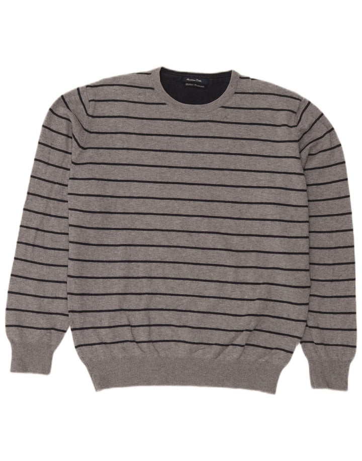 Pulover Massimo Dutti pentru bărbați cu gât roșu, bumbac cu dungi mari, gri