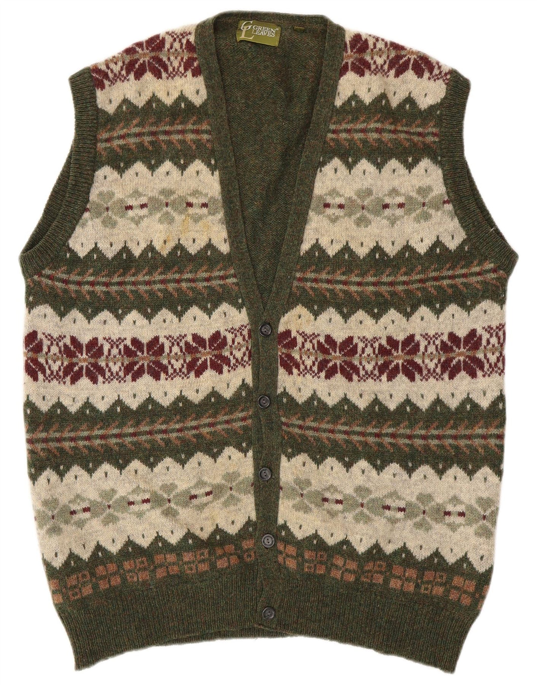 Pulover cardigan fără mâneci pentru bărbați GREEN LEAVES XL Lână verde Fair Isle