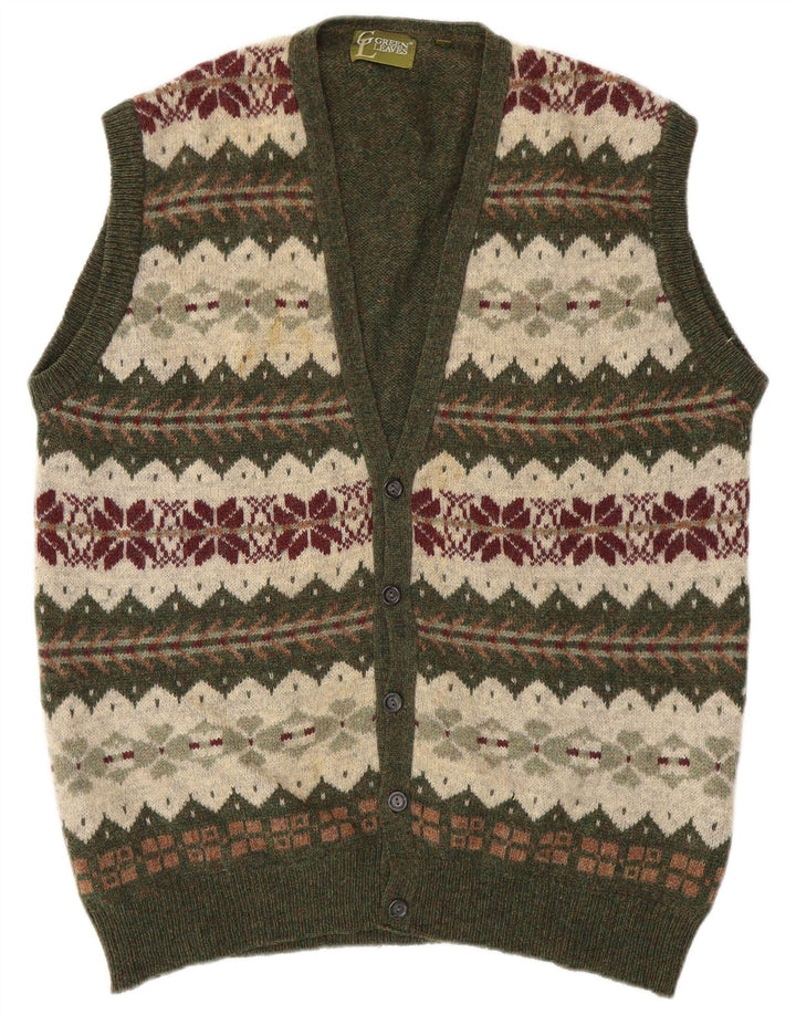 Pulover cardigan fără mâneci pentru bărbați GREEN LEAVES XL Lână verde Fair Isle