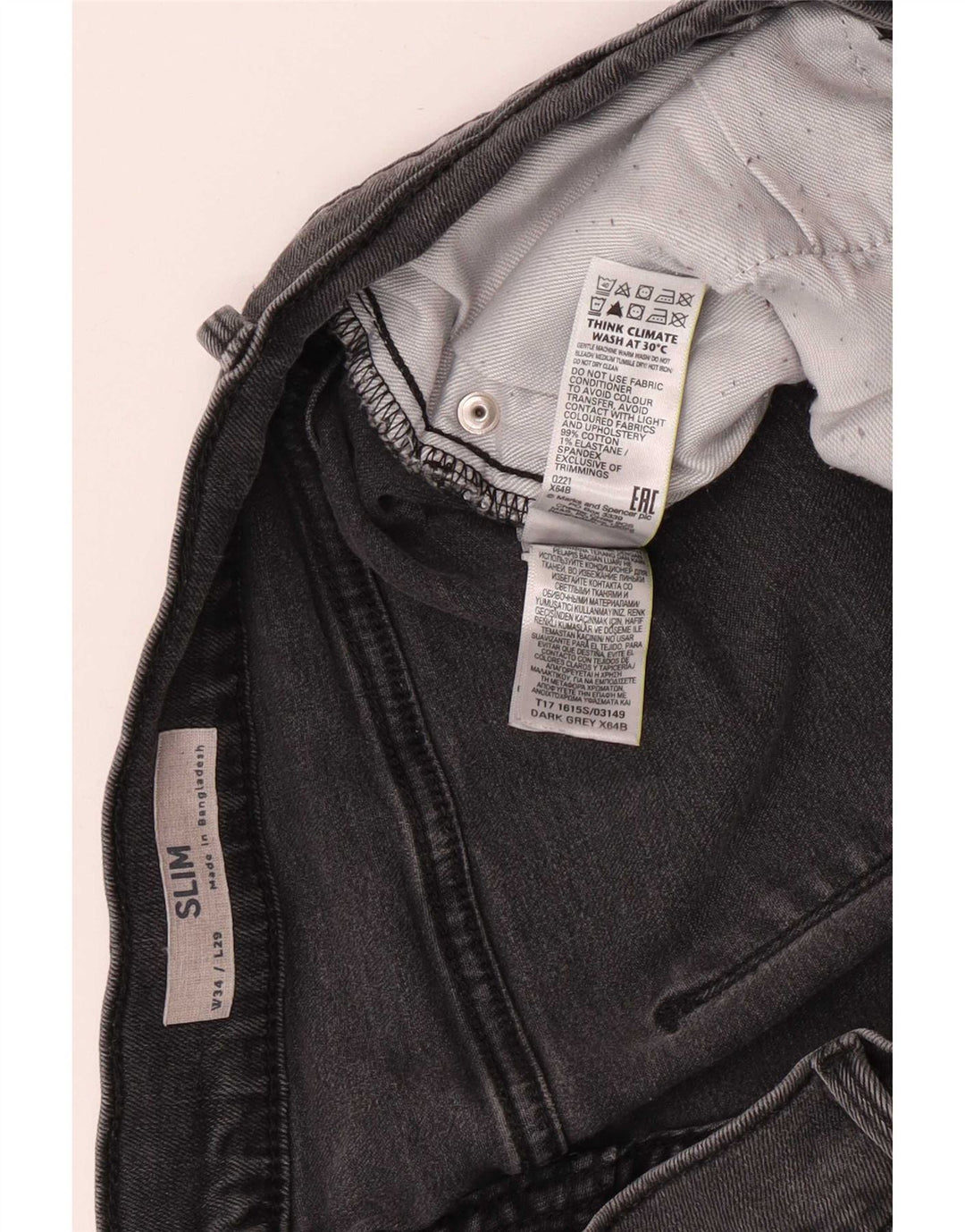 Blugi slim pentru bărbați Marks & Spencer W34 L29 bumbac gri