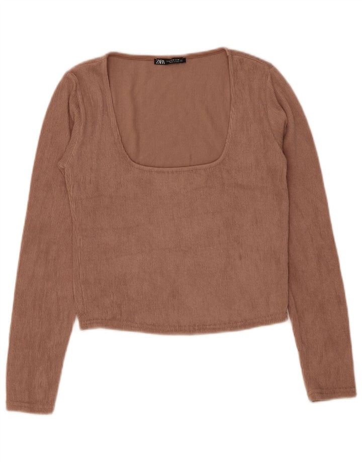 Crop Top pentru femei Zara cu mânecă lungă UK 12 Poliester maro mediu