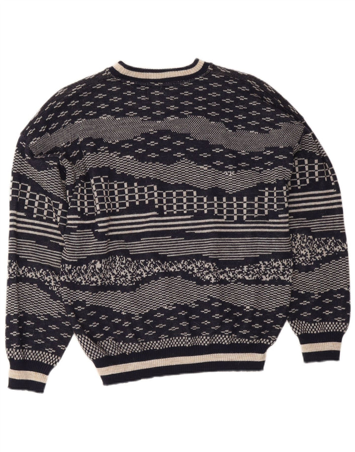 Pulover vintage pentru bărbați cu decolteu rotund, lână geometrică, albastru, mediu