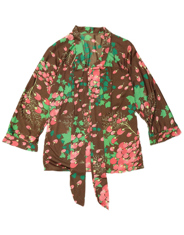 Bluză vintage pentru femei cu mânecă lungă în față cu cravată în față UK 14, maro mediu, floral