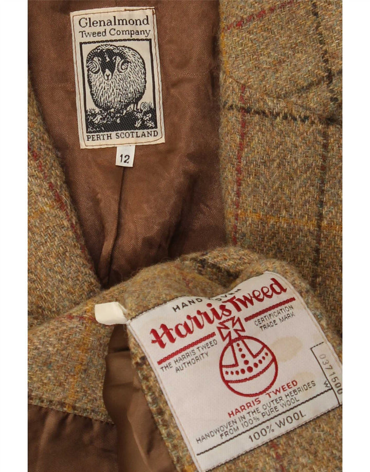 Jachetă pentru femei Harris Tweed cu 3 nasturi, UK 12, lână cu carouri maro mediu
