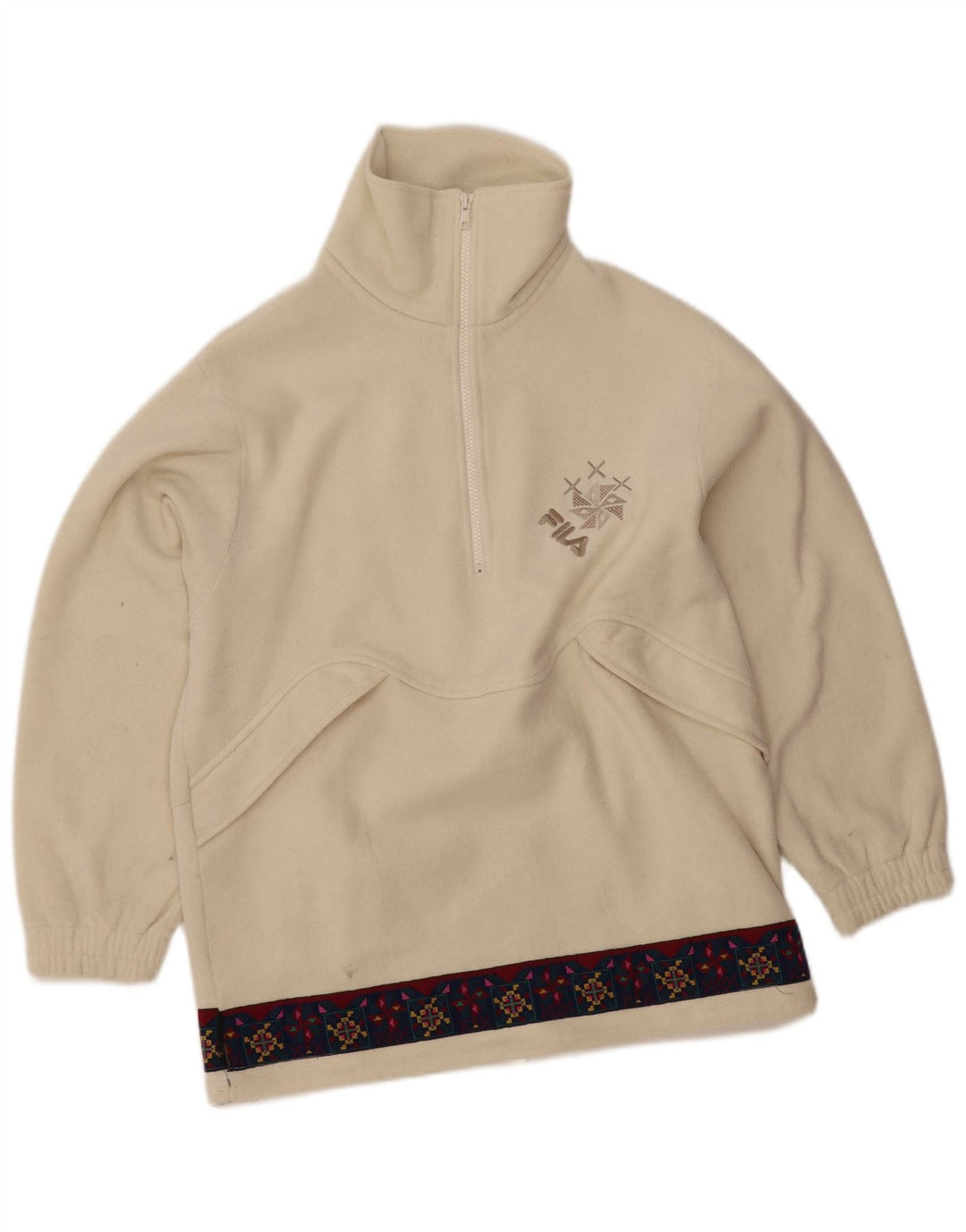 Pulover FILA pentru damă, cu grafic, cu fermoar și gât, din lână, IT 46, mare, alb, geometric