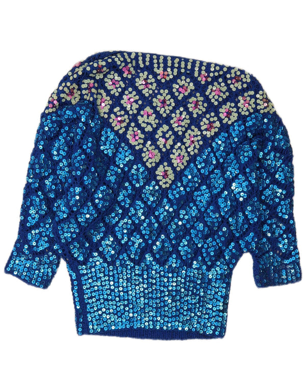 Pulover vintage pentru femei cu gât de barcă UK 12 Medium Blue Argyle/Diamond