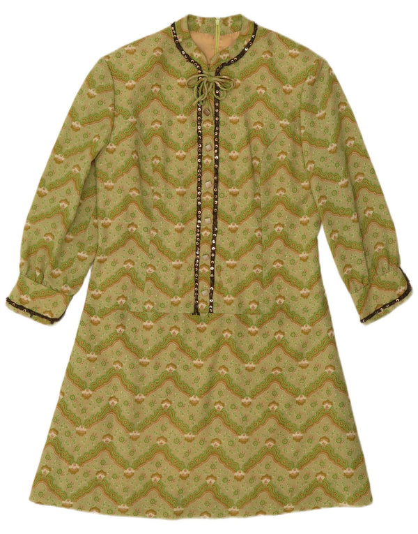 Rochie vintage pentru femei cu mâneci 3/4 A-Line UK 12 Medium Green Chevron