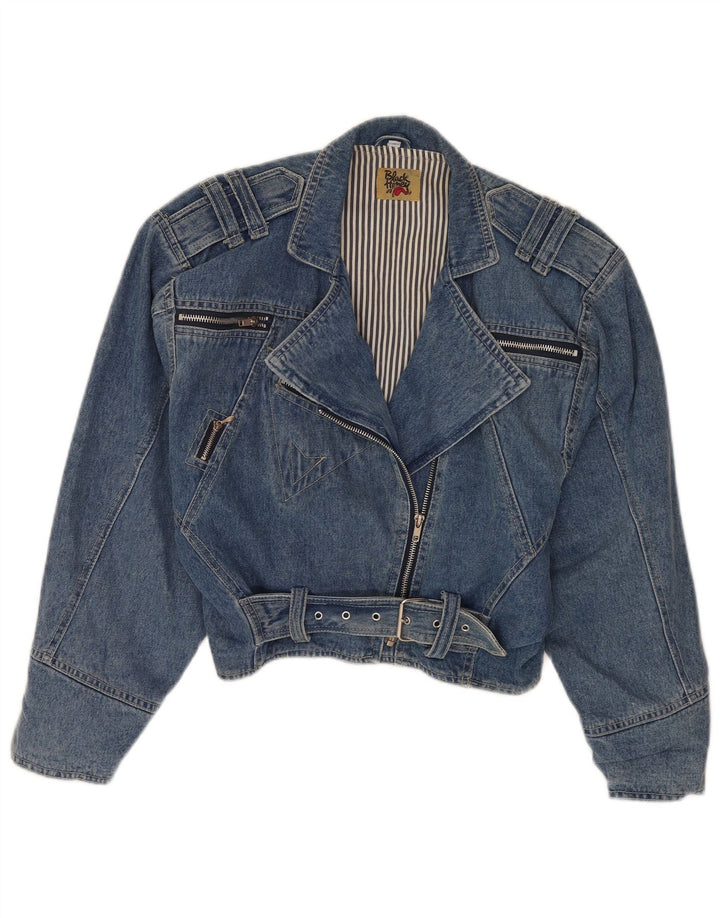 Jachetă de motociclist de denim crop vintage pentru femei UK 12, bumbac albastru mediu