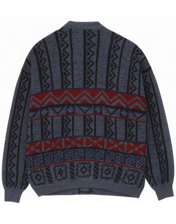 Vintage Mens Cardigan Pulover 2XL Blue Geometric Wool