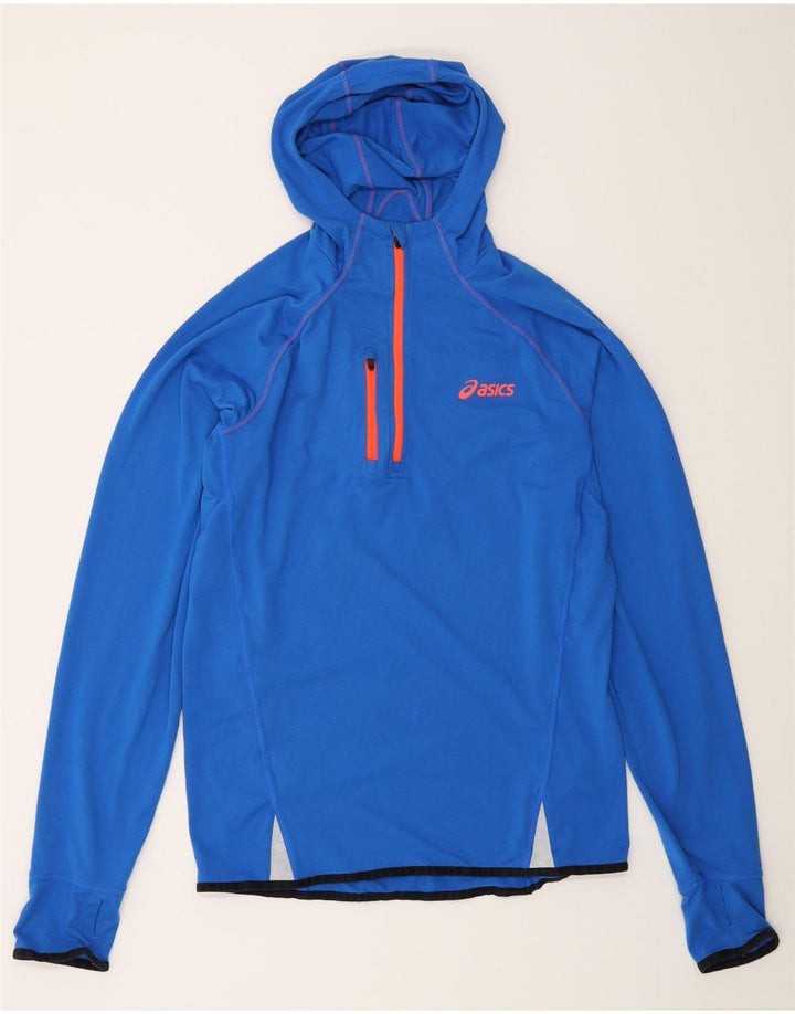 Top Asics pentru bărbați, cu glugă, cu fermoar, cu mânecă lungă, poliester albastru mediu