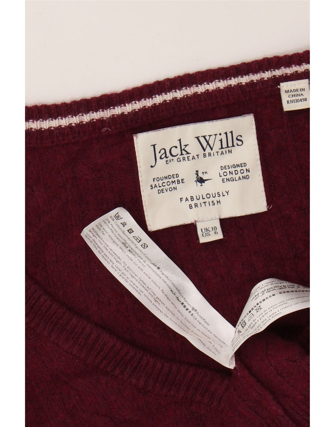 JACK WILLS Pulover crop cu decolteu în V pentru femei UK 10 mic bumbac burgundă