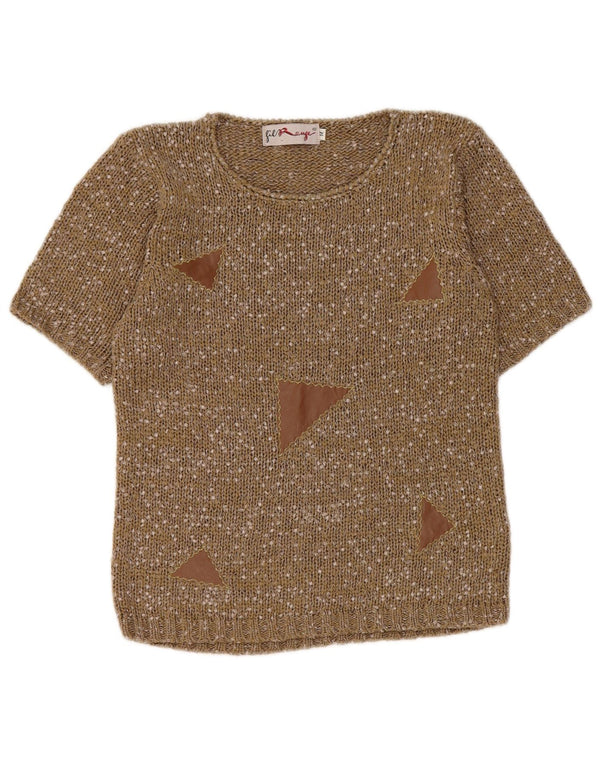 Pulover vintage pentru femei cu decolteu triplu UK 12 Medium Khaki Flecked