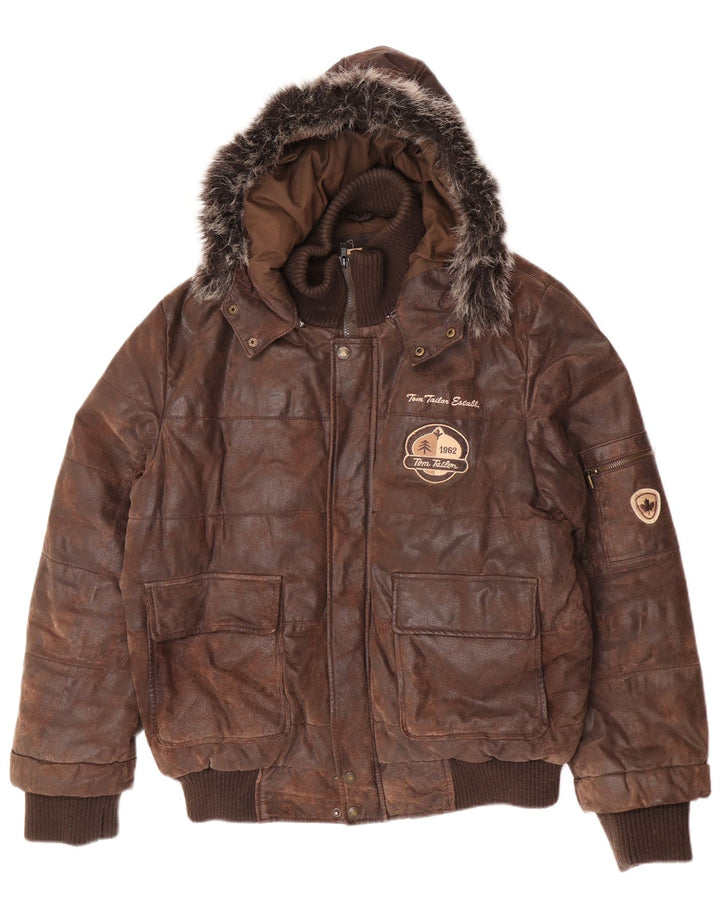Jachetă din piele cu glugă grafică pentru bărbați Tom Tailor UK 38 Piele maro medie