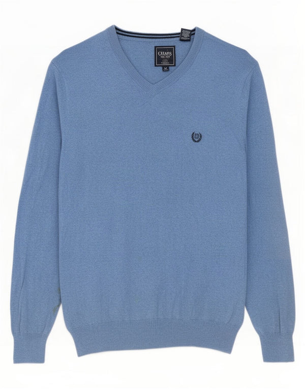 Chaps Mens V-Neck Jumper Sweater Medium Blue Cotton