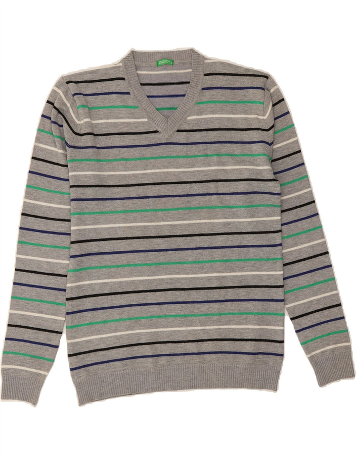 BENETTON Womens V-Neck Jumper Sweater UK 12 Medium Grey Striped Vintage Benetton and Second-Hand Benetton from Messina Hembry 
