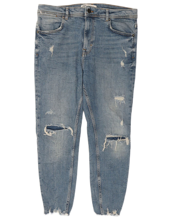 Zara bărbați blugi skinny distressed cropped EU 42 mare L32 L24 bumbac albastru