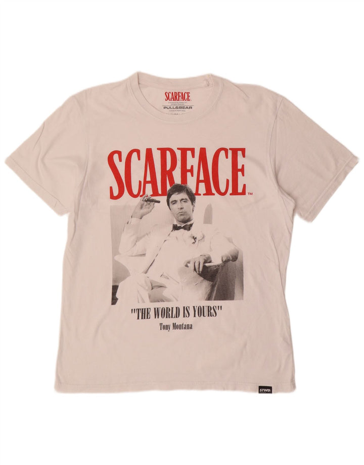 PULL & BEAR Tricou grafic Scarface pentru bărbați Top mare din bumbac alb