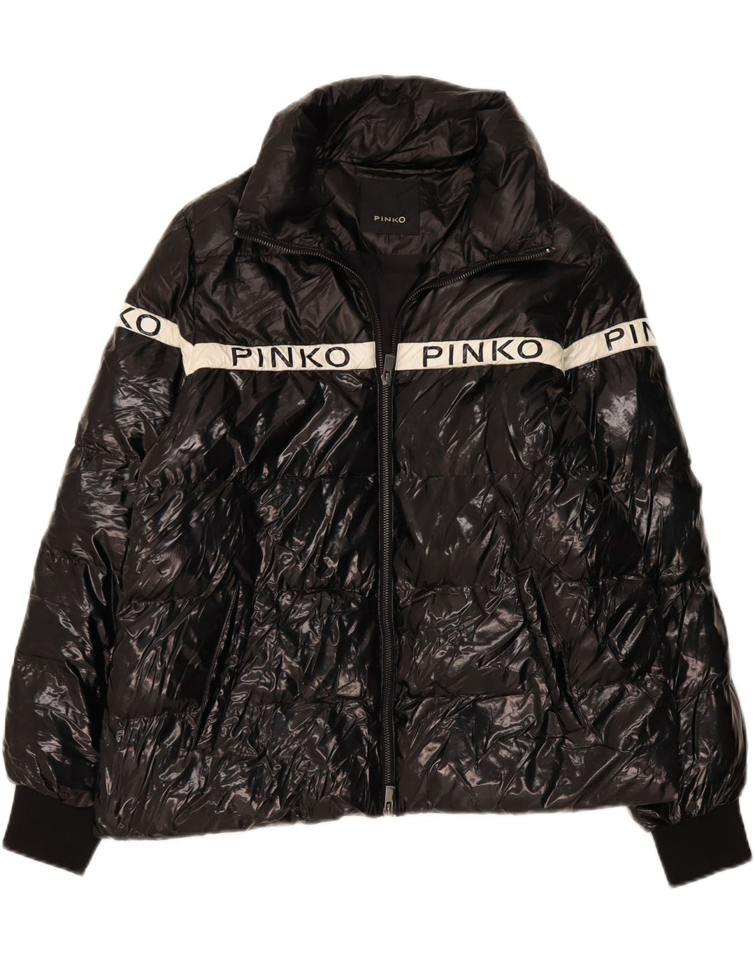PINKO Womens Graphic Padded Jacket US 8 Medium Black Polyester Vintage Pinko and Second-Hand Pinko from Messina Hembry 