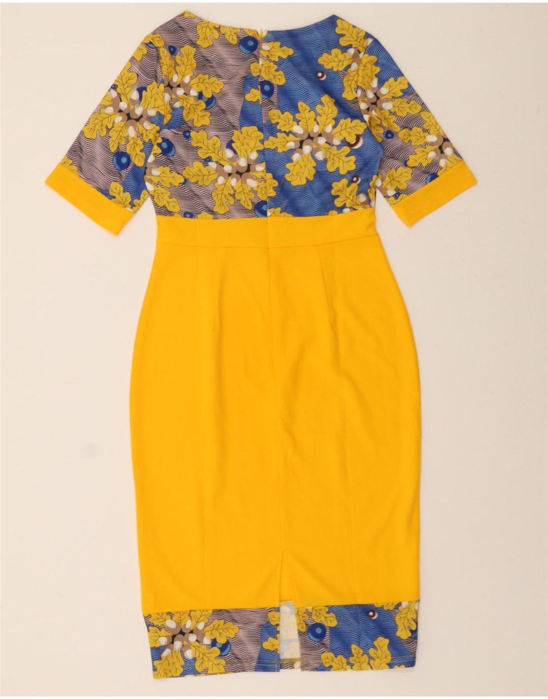 VINTAGE Womens Bodycon Dress UK 12 Medium Yellow Floral Polyester Vintage Vintage and Second-Hand Vintage from Messina Hembry 