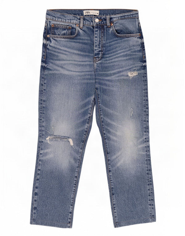 Zara Womens High Waist Distressed Cropped Jeans EU 38 Small W28 L25 Blue