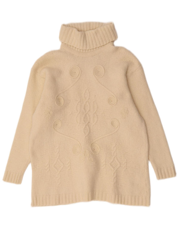 Pulover vintage pentru femei cu gât rulat din Marea Britanie 14 Medium Alb catifelat Geometric