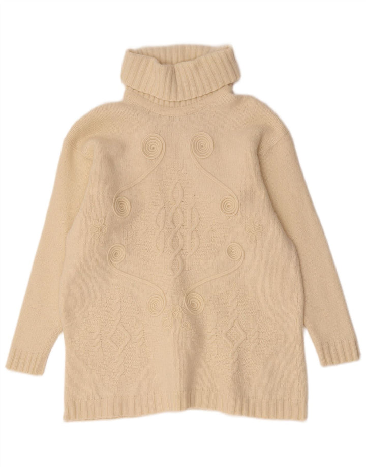 Pulover vintage pentru femei cu gât rulat din Marea Britanie 14 Medium Alb catifelat Geometric