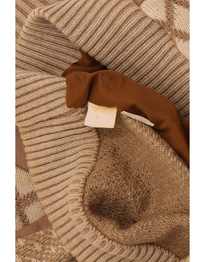 VINTAGE Mens V-Neck Jumper Sweater Medium Beige Geometric