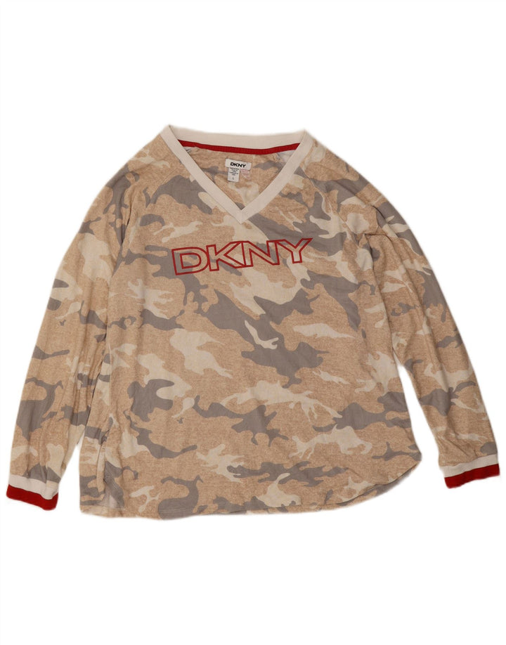 Dkny Top grafic pentru femei cu mânecă lungă UK 16 mare, bej, poliester de camuflaj