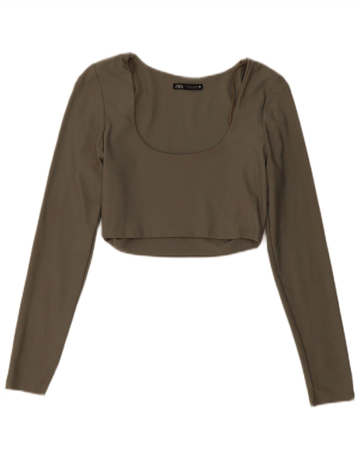 Crop Top pentru femei Zara cu mânecă lungă UK 14 mare Kaki Poliamidă