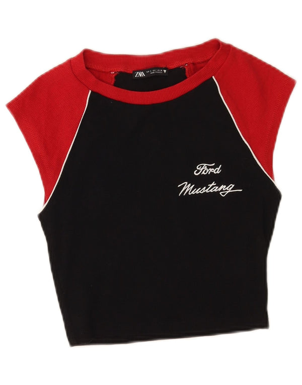 Tricou cu grafică Zara pentru femei Top UK 8 mic, negru, bumbac color bloc