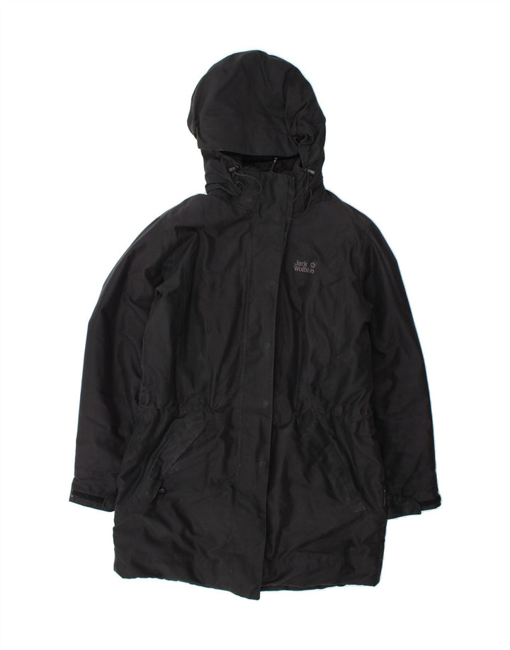 JACK WOLFSKIN Womens Hooded Windbreaker Coat UK 16 Large  Black Polyester Vintage Jack Wolfskin and Second-Hand Jack Wolfskin from Messina Hembry 