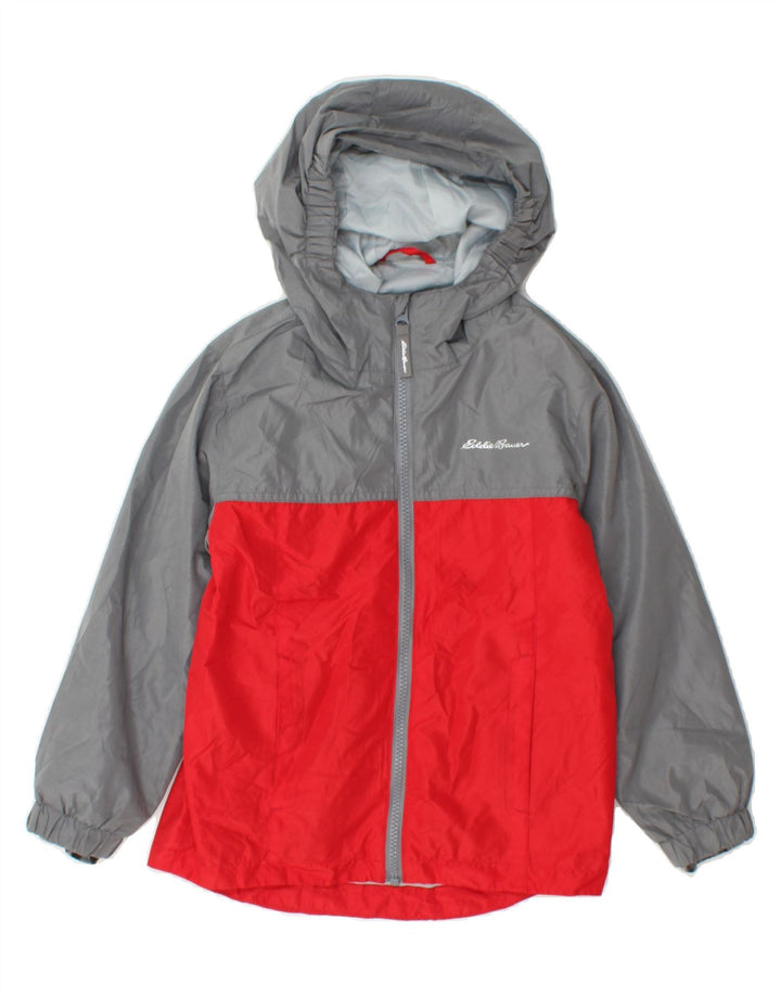 EDDIE BAUER Boys Hooded Rain Jacket 5-6 Years XS Red Colourblock Polyester Vintage Eddie Bauer and Second-Hand Eddie Bauer from Messina Hembry 