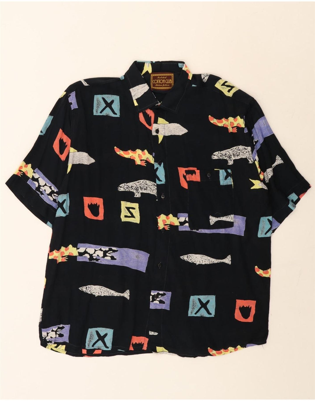 Cămașă cu mânecă scurtă pentru bărbați Cotton Club cu model abstract, viscoză mare, neagră