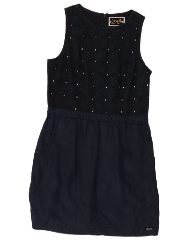Superdry Womens Sleeveless Sheath Dress UK 14 Large Navy Blue Spotted