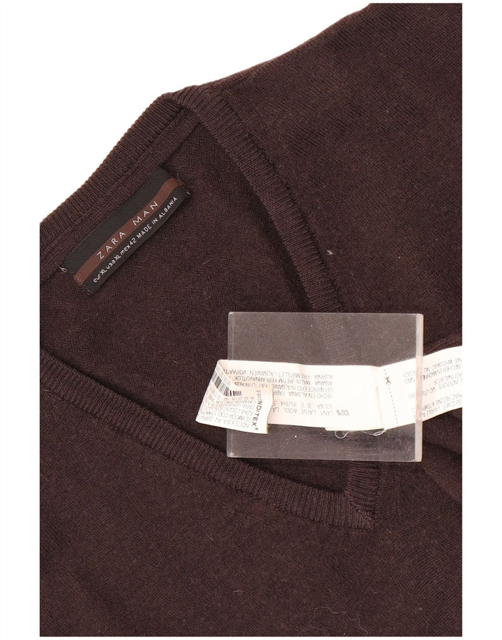 Pulover pentru bărbați Zara, cu decolteu în V, XL, lână maro
