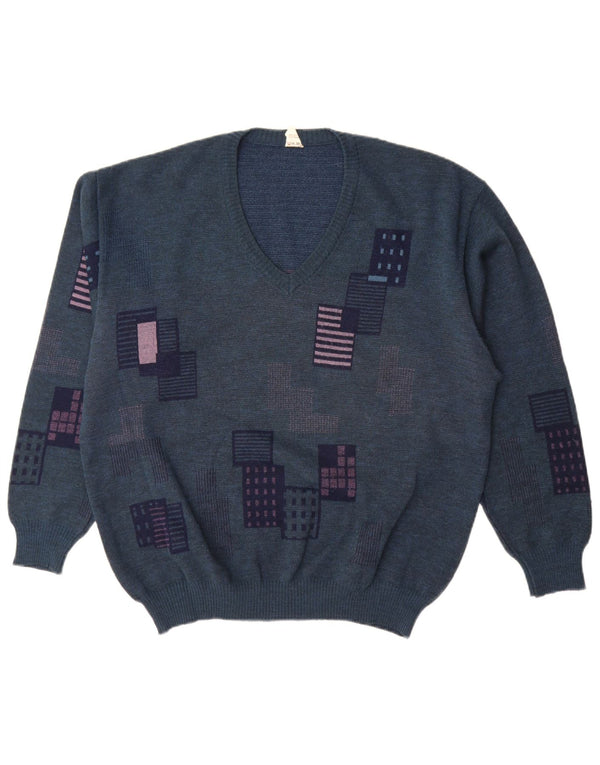 Pulover vintage pentru bărbați cu decolteu în V IT 52 mare bleumarin geometric