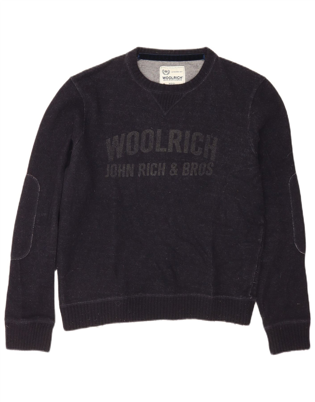 Pulover pentru bărbați Woolrich, cu grafică, cu gât de barcă, lână medie bleumarin