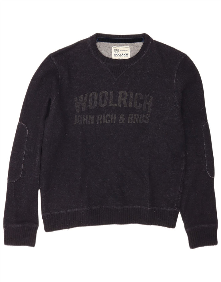 Pulover pentru bărbați Woolrich, cu grafică, cu gât de barcă, lână medie bleumarin