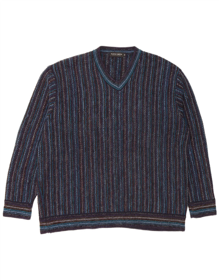 NANI BON Pulover cu decolteu în V pentru bărbați IT 54 XL bleumarin cu dungi acrilice