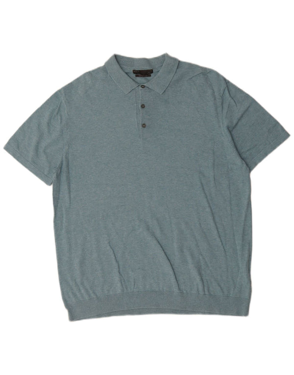 Marks & Spencer Mens Short Sleeve Polo Neck Jumper Sweater XL Blue Cotton